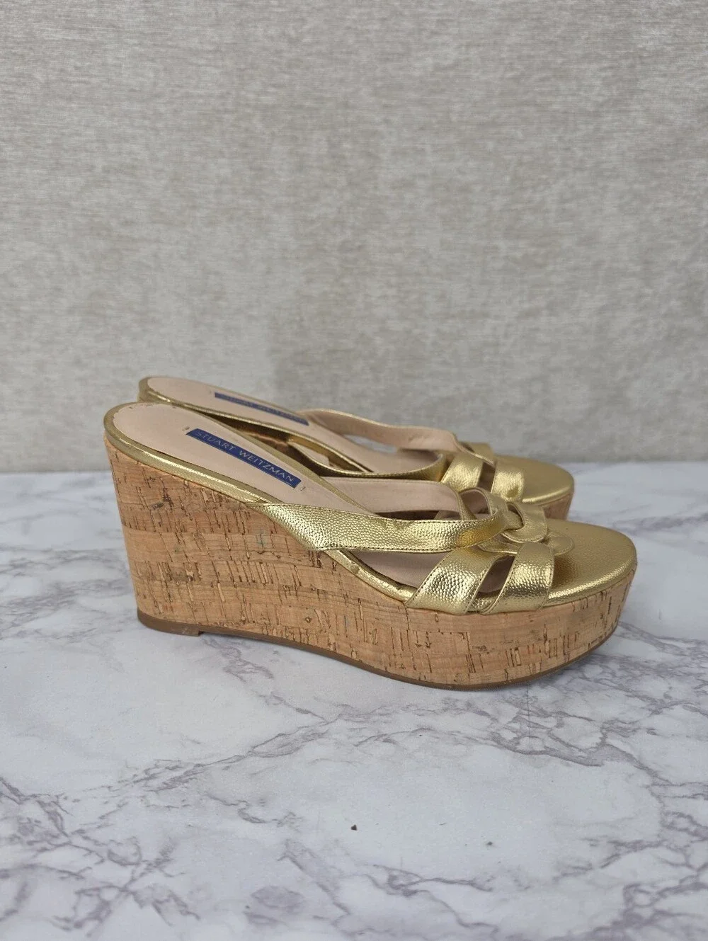 Stuart Weitzman Metallic Gold Leather Straps Cork Wedge Platform Sandals - Picture 1 of 15